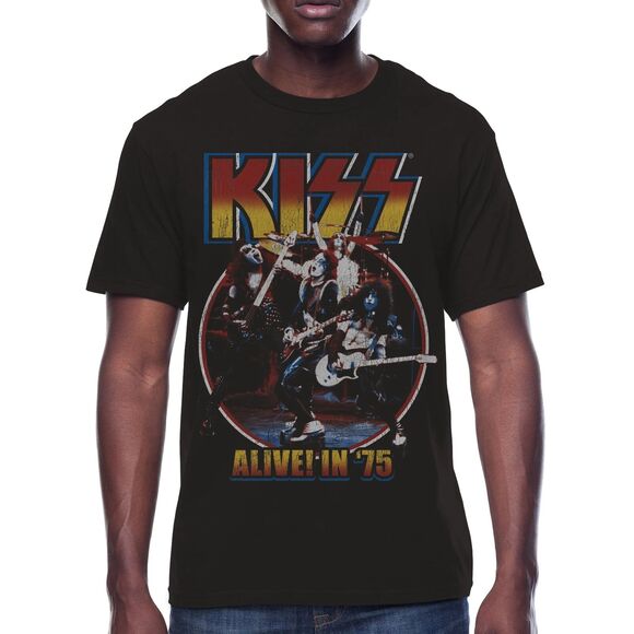 KISS Men's T-Shirt Genuine Merch Vintage Alive In 1975 Tour Distressed Print Tee - Picture 2 of 4